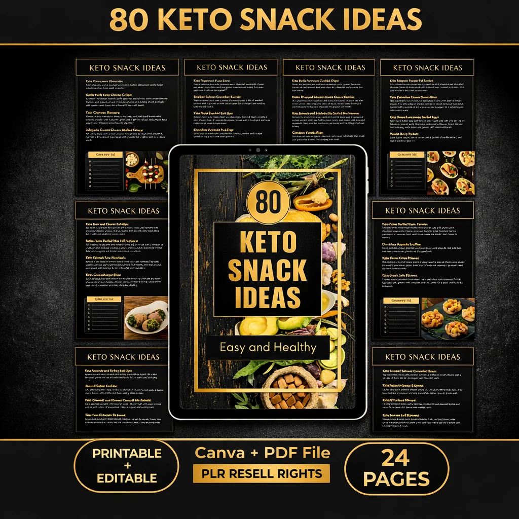 80 Keto Snack Ideas with PLR – Low-Carb Recipes | Canva + PDF | Ready to Resell