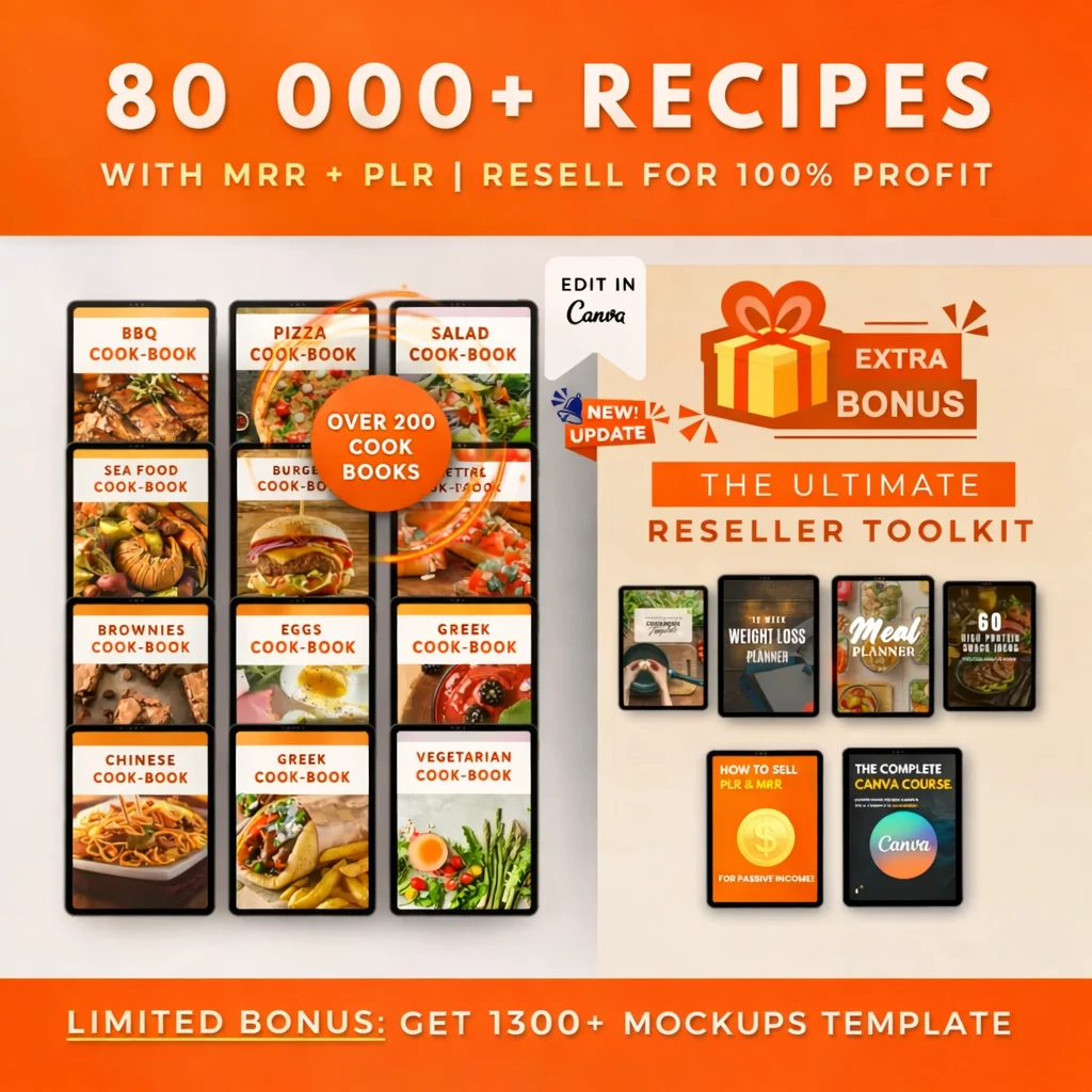 PLR & MRR Digital Cookbook Bundle – 80,000+ Recipes | 200+ Cookbooks | Canva + PDF