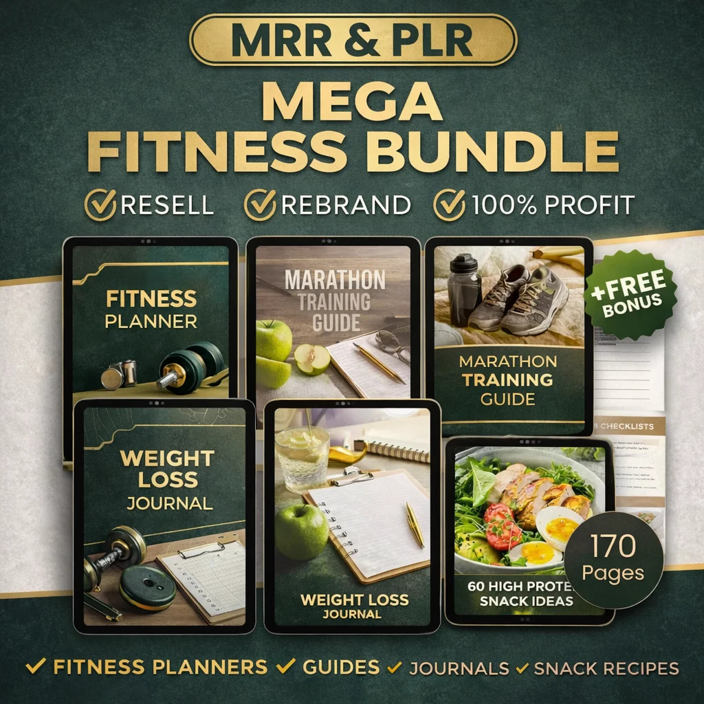 Mega Fitness Bundle with PLR & MRR – Fitness Planners, Journals, Guides & Snack Recipes