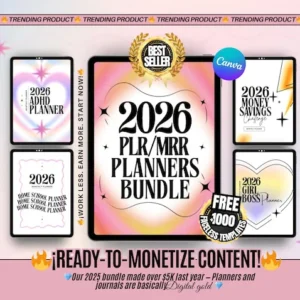 2026 PLR/MRR Digital Planner Bundle — Printable Pack with 26 Canva PLR Templates, Resell Rights, Task Tracker, Lead Magnet & Passive Income Tools.