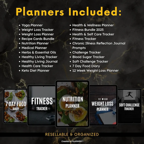 Fitness Planners PLR/MRR Bundle — Resell Rights Package Including Weight Loss Trackers, Yoga Planner, Soft Challenge Tracker, Healthcare PLR, and Fitness Coach Resources.