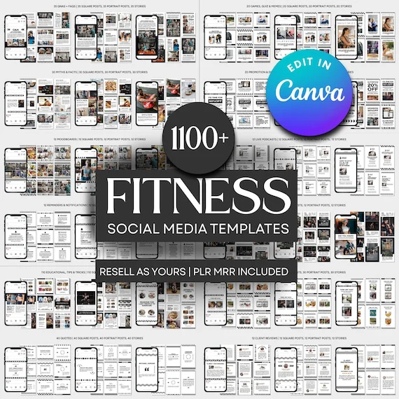 PLR/MRR +1100 Fitness Instagram Templates – Editable Canva Pack for Coaches