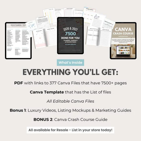 UPDATED — 7500 Templates, Planners, Trackers, Journals & Calendars | Fully Editable in Canva, Rebrand and Resell with Master Label Rights (MRR + PLR).