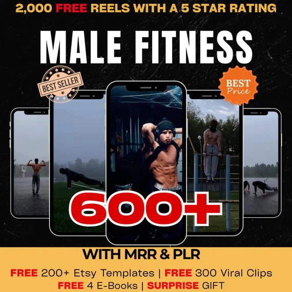 Male Fitness Reels: 600+ Bundle Digital Download MRR PLR Faceless Gym Video Pack for Reels Shorts TikTok and Social Media Creators.